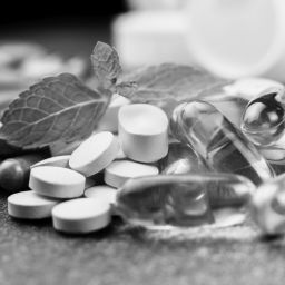 pills and multivitamins on a dark background, closeup