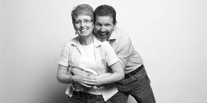 Middle-aged couple posed for black and white picture together