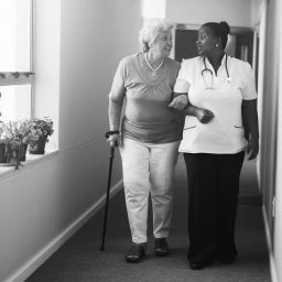 Senior women walking with nurse at nursing home.