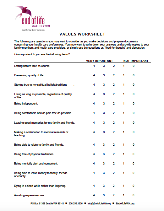 Advance Directive Values Worksheet