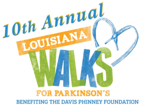 Louisiana Walks for Parkinson's 10th Annual. The colors alternate green and blue, except Louisiana, which is in an orange bar. There is a drawn, blue heart in the corner.
