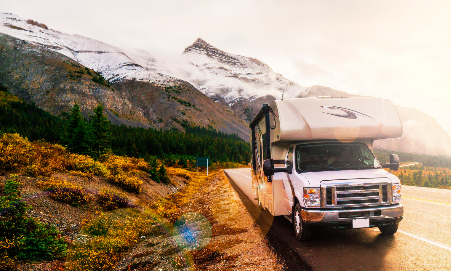 camper driving through mountains