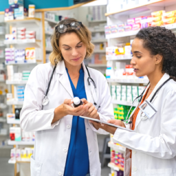 Two female pharmacists consulting over a medication