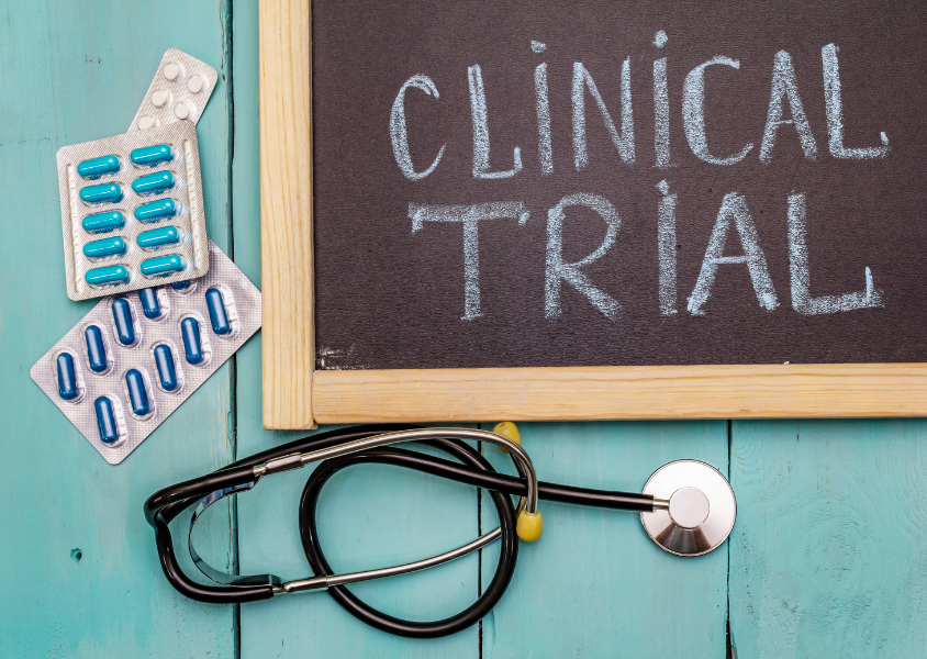 Stethoscope, medications, and clinical trial sign