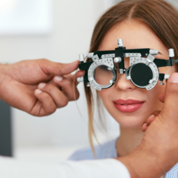 Young woman getting eye exam looking through optical tools