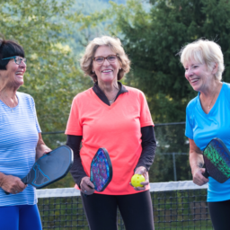 Three women smiling and playing pickleball