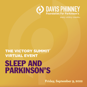 The words "The Victory Summit® Virtual Event: Sleep and Parkinson's" are over a yellow background, watermarked with the Davis Phinney Foundation logo. In the top right corner is the Davis Phinney Foundation long logo. In the bottom right corner is the date "Friday, September 9, 2022".