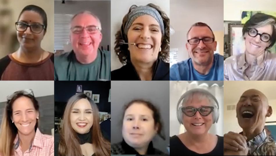 A screenshot of each of the members of the Living with Parkinson's Panel. They are discussing how Parkinson's is hard but they all have wide grins on their faces. In the top row are Sree Sripathy, Brian Reedy, Robynn Moraites, Doug Reid, and Heather Kennedy, left to right. In the bottom row, there are Melani Dizon, Amber Hesford, Kristi LaMonica, Kat Hill, and Kevin Kwok.