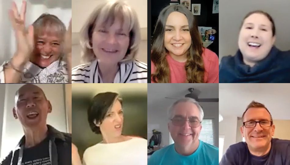 Living with Parkinson's panelists Kat Hill, Gaynor, Amber Hesford, Kristi LaMonica, Doug Reid, Brian Reedy, Heather Kennedy, and Kevin Kwok, in clockwise order from top left, smile for the meetup.