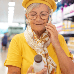 An older white woman is in an all-yellow outfit (yellow barret, yellow glasses, yellow shirt, and white and yellow scarf) while in the medicine aisle of a store. She is on the phone and smiling while looking at pills.Parkinson's Gear