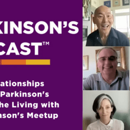The Parkinson's Podcast logo with the words "Relationships and Parkinson's with the Living with Parkinson's Meetup" beneath. To the right, clockwise from the top left, are a smiling Kevin Kowk, Doug Reid, Sree Sripathy, Chris Krueger, Heather Kennedy, and Brian Reedy.