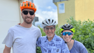 Davis Phinney with his son, Taylor, and daughter, Kelsey, for a bike ride.