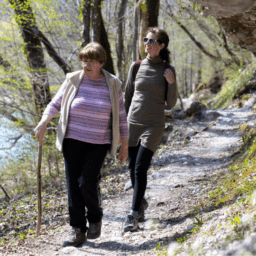 Two women walking on a path.