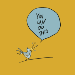 Parkinson's Care Partner training logo. A blue bird on a yellow background says, "YOU CAN DO THIS." The bird is on a black line.