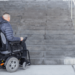 A man is in front of a cement set of stairs. There are many stairs and a banister. They are outside. The man is in a motorized wheelchair. He has a mostly shaved head with a small amount of black hair at the top. He is wearing a black winter coat.