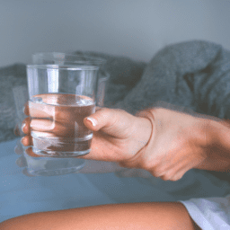 A faceless white woman holds a glass. She is shaking it, and the shaking is visible. She is holding the hand with the glass steady with her other hand. she is sitting on a grey bed.