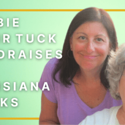 Debbie Sapir Tuck with her mother, Roro, in front of an outdoor background. They are both white women. Debbie is behind her mother in a purple shirt. Roro is wearing a white shirt and clear-frame glasses. Roro has grey hair and Debbie has brown hair.The text says Moments of Victory Debbie walks for Louisiana Walks.
