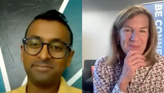 Advanced Parkinson's: dr. k is in front of a blue and black triangle background. He is an Indian man with black glasses, short black hair, and a yellow shirt. He has 5 o'clock shadow. Polly Dawkins is in her office. She has a blue banner behind her and a grey couch. She is wearing a white patterned shirt. She ahs shoulder-length blonde hair.