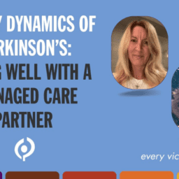 kirstie The words "Family Dynamics of Parkinson's: Living Well with a Teenaged Care Partner" on a blue background with pictures of a white, middle-aged woman, and her teenage son, on the right side. They are offset-photos. They are both white and smiling. kirstie and Elliott