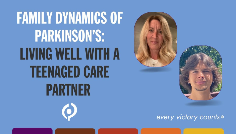 kirstie The words "Family Dynamics of Parkinson's: Living Well with a Teenaged Care Partner" on a blue background with pictures of a white, middle-aged woman, and her teenage son, on the right side. They are offset-photos. They are both white and smiling. kirstie and Elliott