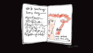 A depiction of a journal, with "Write something every day" on it.