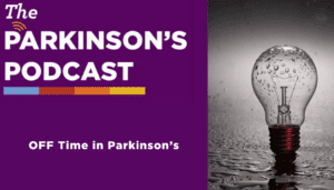 off time the parkinson's podcast logo with the words "off time in parkinson's" with an off lightbulb in the rain.