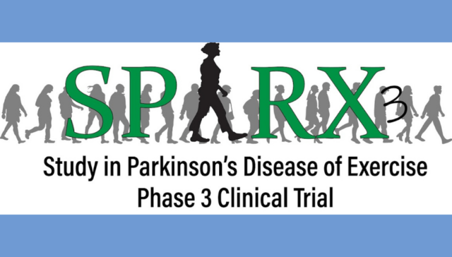 Sparx3 Logo on a blue background. The logo is the words "SPARX 3: Study in Parkinson's Disease of Exercise Phase 3 Clinical Trial." The word SPARX 3 is stylized as SP RX in kelly green Times New Roman font, the 3 in handwritten black font, and the A represented by a walking woman. Behind the logo is a line of grey people (graphic) walking. They all have different body shapes and genders.