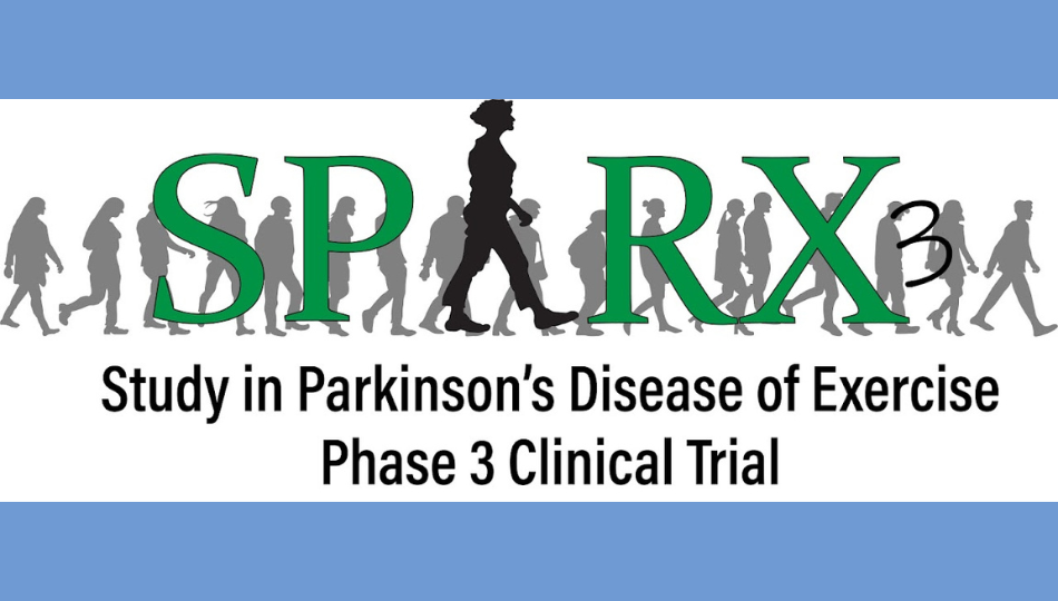 Sparx3 Logo on a blue background. The logo is the words "SPARX 3: Study in Parkinson's Disease of Exercise Phase 3 Clinical Trial." The word SPARX 3 is stylized as SP RX in kelly green Times New Roman font, the 3 in handwritten black font, and the A represented by a walking woman. Behind the logo is a line of grey people (graphic) walking. They all have different body shapes and genders.