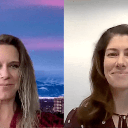 physical therapy webinar with devon fulford, blonde, white, and wearing a red shirt in front of a boulder skyline, and anson rosenfeldt, white, brunette, red top on a white background.