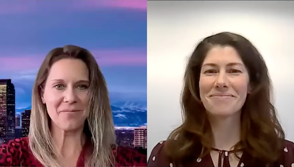 physical therapy webinar with devon fulford, blonde, white, and wearing a red shirt in front of a boulder skyline, and anson rosenfeldt, white, brunette, red top on a white background.