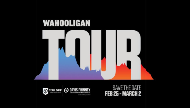 Wahooligan Tour logo, which is Wahooligan in smaller font above the t and o of a large font "TOUR". The word tour is shown between a blue mountain and an orange mountain. Below the mountains are the Team DPF logo, the Davis Phinney Foundation Logo, and the words "SAVE THE DATE FEB 25-MARCH 2".