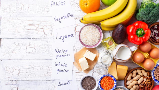 a healthy diet- showes all of the areas of the food pyramid and their areas are written down on scraps of white paper.